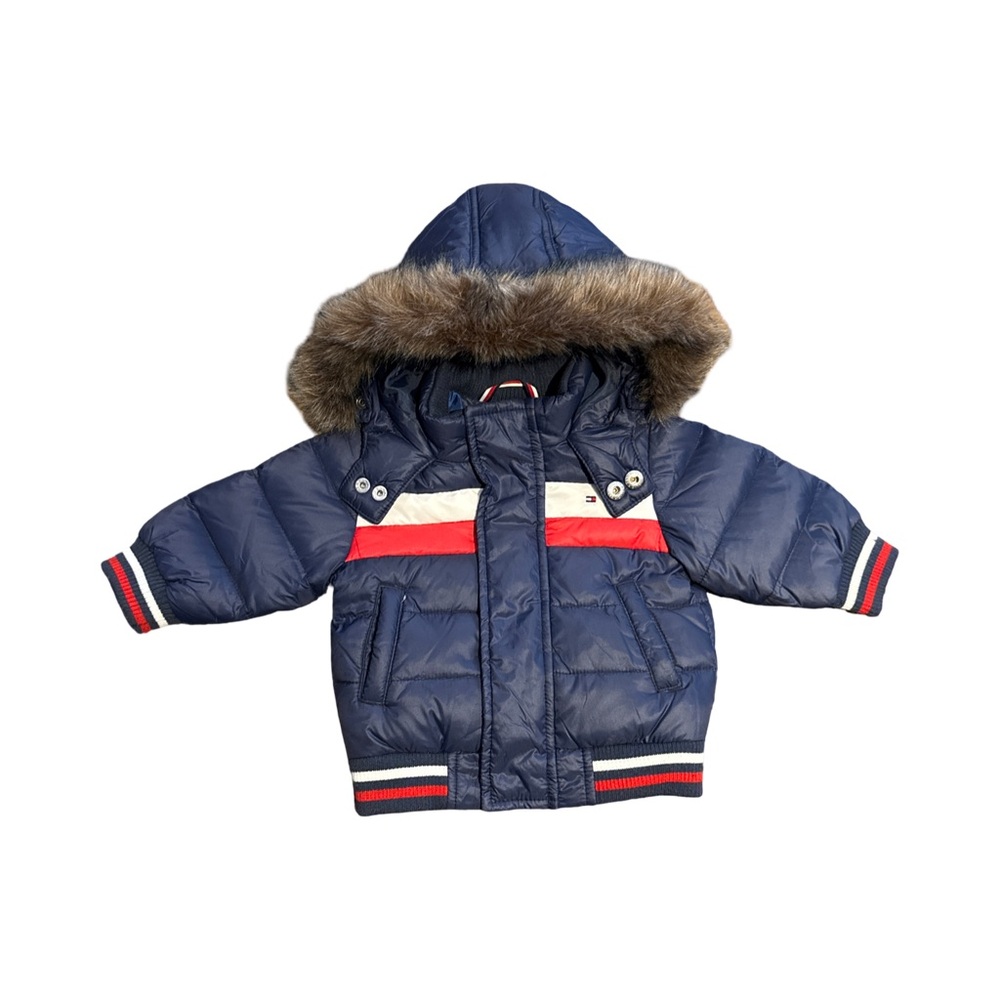 Navy Hooded Puffer Jacket with Fur Trim -  3-6M